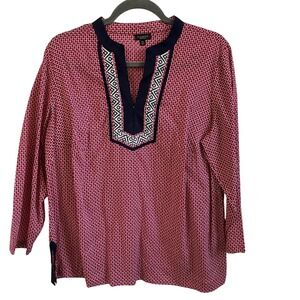 Talbots‎ Woman Petites Red Print 3/4 Sleeve Embellished Tunic Blouse 1X Petite